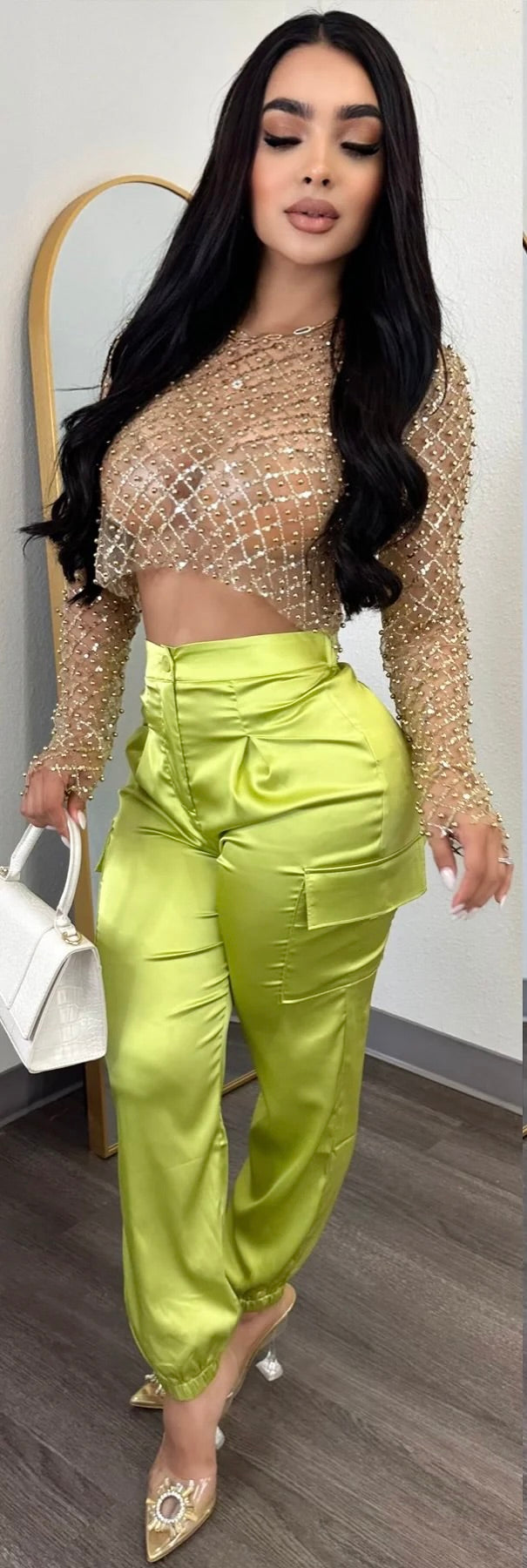 Eva Gold Mesh Pearl & Sequin Crop Top