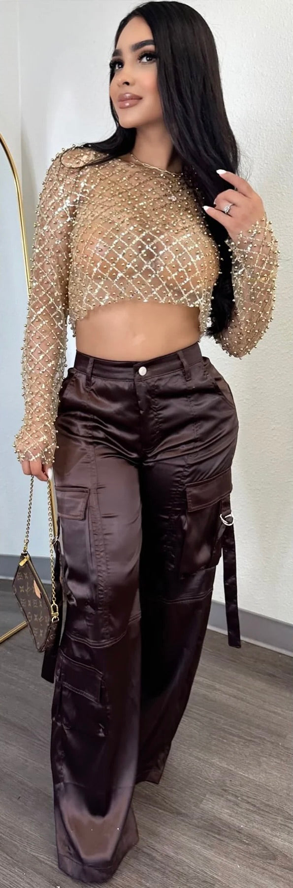 Eva Gold Mesh Pearl & Sequin Crop Top