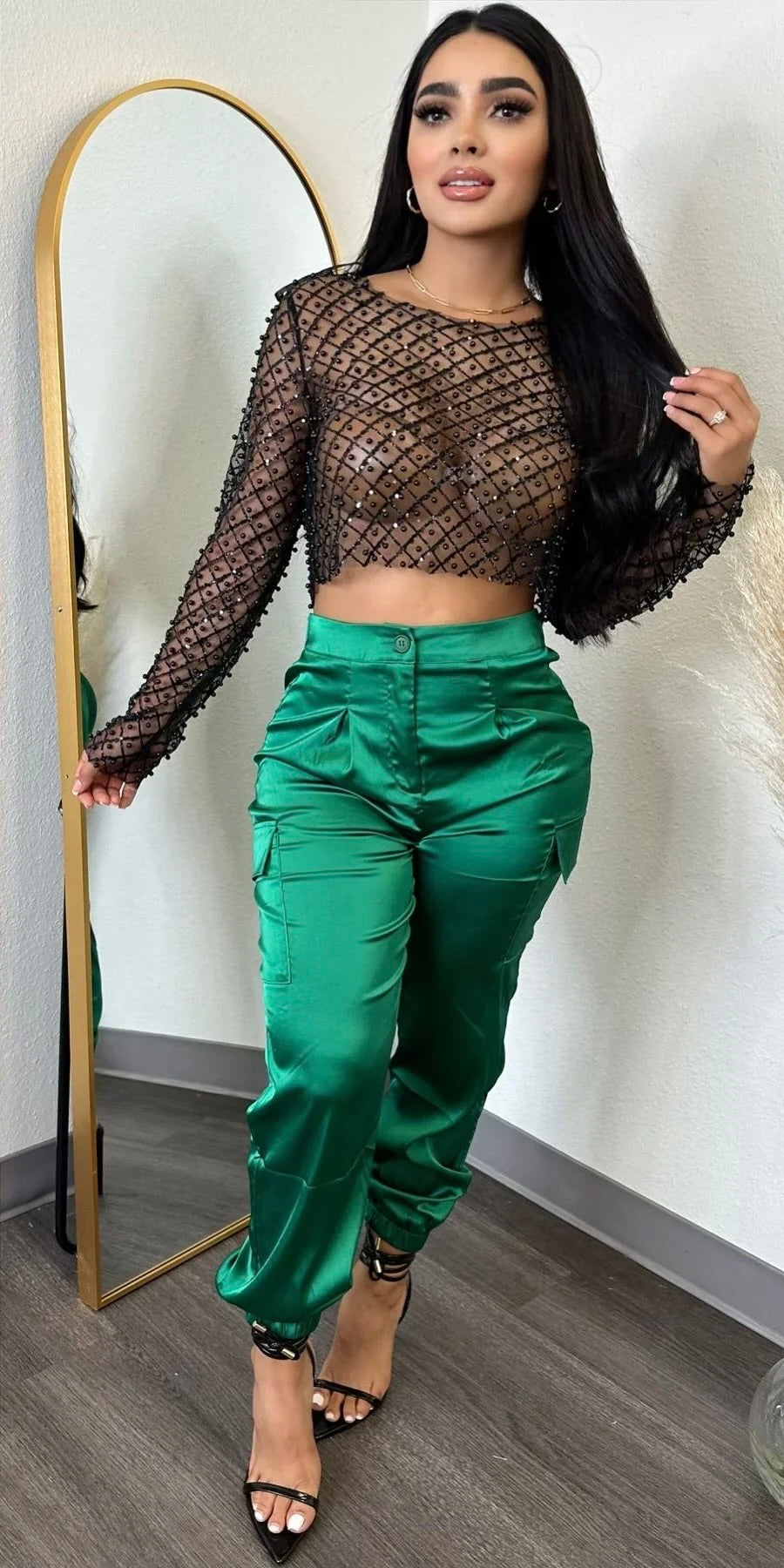 Eva Mesh Pearl & Sequin Long Sleeve Crop Top